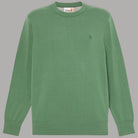 Maglia girocollo verde con etichetta interna, maniche lunghe e costine