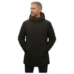 Parka lunga nera con cappuccio e zip, maniche lunghe e tasche laterali.
