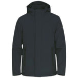 Parka softshell blu scuro con cappuccio e zip, tasche laterali