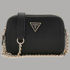 Mini tracolla in saffiano nero con catenella dorata e chiusura zip, logo Guess