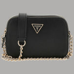 Mini tracolla in saffiano nero con catenella dorata e chiusura zip, logo Guess