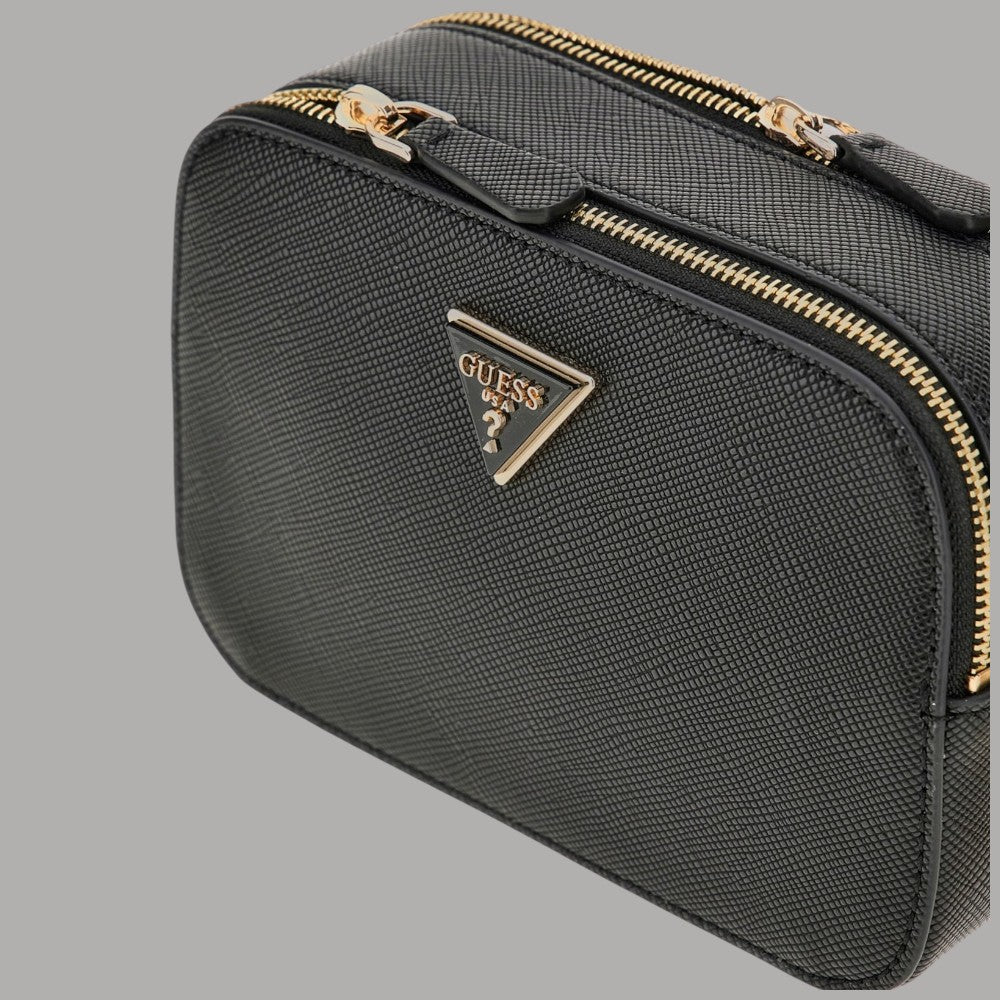 Mini tracolla nera con zip dorata e logo triangolare Guess, saffiano
