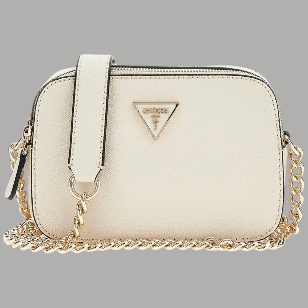 Mini tracolla in saffiano crema con catenella e chiusura zip, dettagli oro