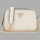 Mini tracolla in saffiano crema con catenella e chiusura zip, dettagli oro