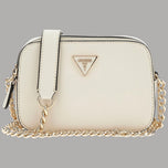 Mini tracolla in saffiano crema con catenella e chiusura zip, dettagli oro