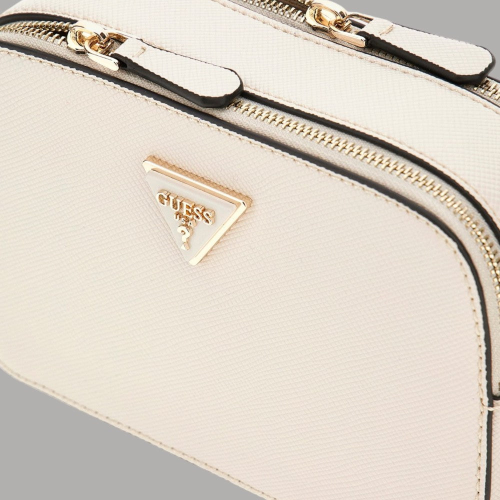 Mini tracolla crema con logo triangolare Guess e zip, dettagli dorati