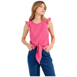 Top Molly Bracken rosa con maniche a volant e fiocco in vita, scollo rotondo