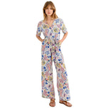 Tuta jumpsuit bianca a fantasia paisley, maniche corte e scollo a V