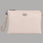 Pochette Ynot in eco-pelle color ghiaccio, con zip e tracolla, logo frontale