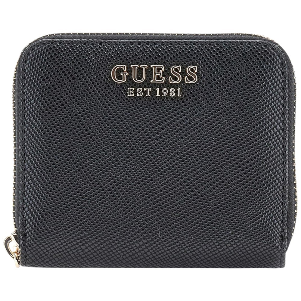 Portafoglio Guess piccolo in pelle saffiano nera con zip e logo frontale.