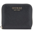 Portafoglio Guess piccolo in pelle saffiano nera con zip e logo frontale.