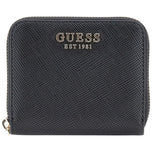 Portafoglio Guess piccolo in pelle saffiano nera con zip e logo frontale.