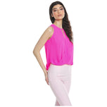 Blusa fuxia senza maniche con scollo tondo e drappeggio sul davanti