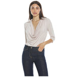 Body beige manica 3/4 con scollo drappeggiato a cascata