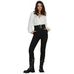 Pantaloni neri con cinturone LOREM, vita alta e bottoni decorativi