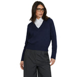 Pullover blu con scollo a V e maniche lunghe, lavorazione a maglia fine