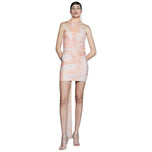 Vestito corto monospalla pesca con motivo a righe astratte, scollo alto