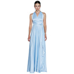 Vestito lungo celeste con scollo a V e cintura in vita con drappeggio