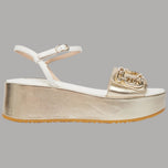 Sandali platform donna oro con logo e finiture metallizzate, cinturino alla caviglia