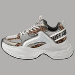 Scarpe Buffalo platform argento con stampa animalier e lacci bianchi, suola spessa