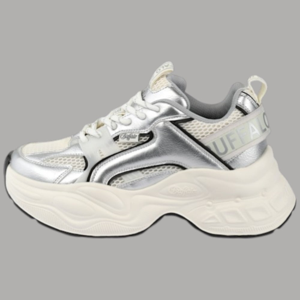 Scarpe Buffalo Yuno One Platform: Vegan, Memory Foam, Bianco-Argento - Prodotti di Classe