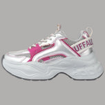 Scarpe Buffalo Yuno con suola platform bianca, inserti fucsia e pannelli grigi traforati