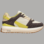 Sneaker platform marrone con inserti gialli e motivo monogramma, lacci crema.