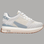 Sneaker platform bianche con inserti blu, lacci e suola in gomma beige, LIU-JO