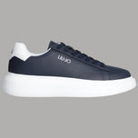 Sneakers uomo in pelle blu, lacci e suola bianca spessa, logo LIU•JO