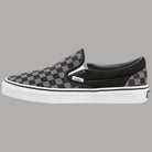 Scarpe Vans slip-on in tela a scacchi grigio e nero, profilo basso e suola bianca