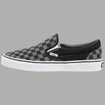Scarpe Vans slip-on in tela a scacchi grigio e nero, profilo basso e suola bianca