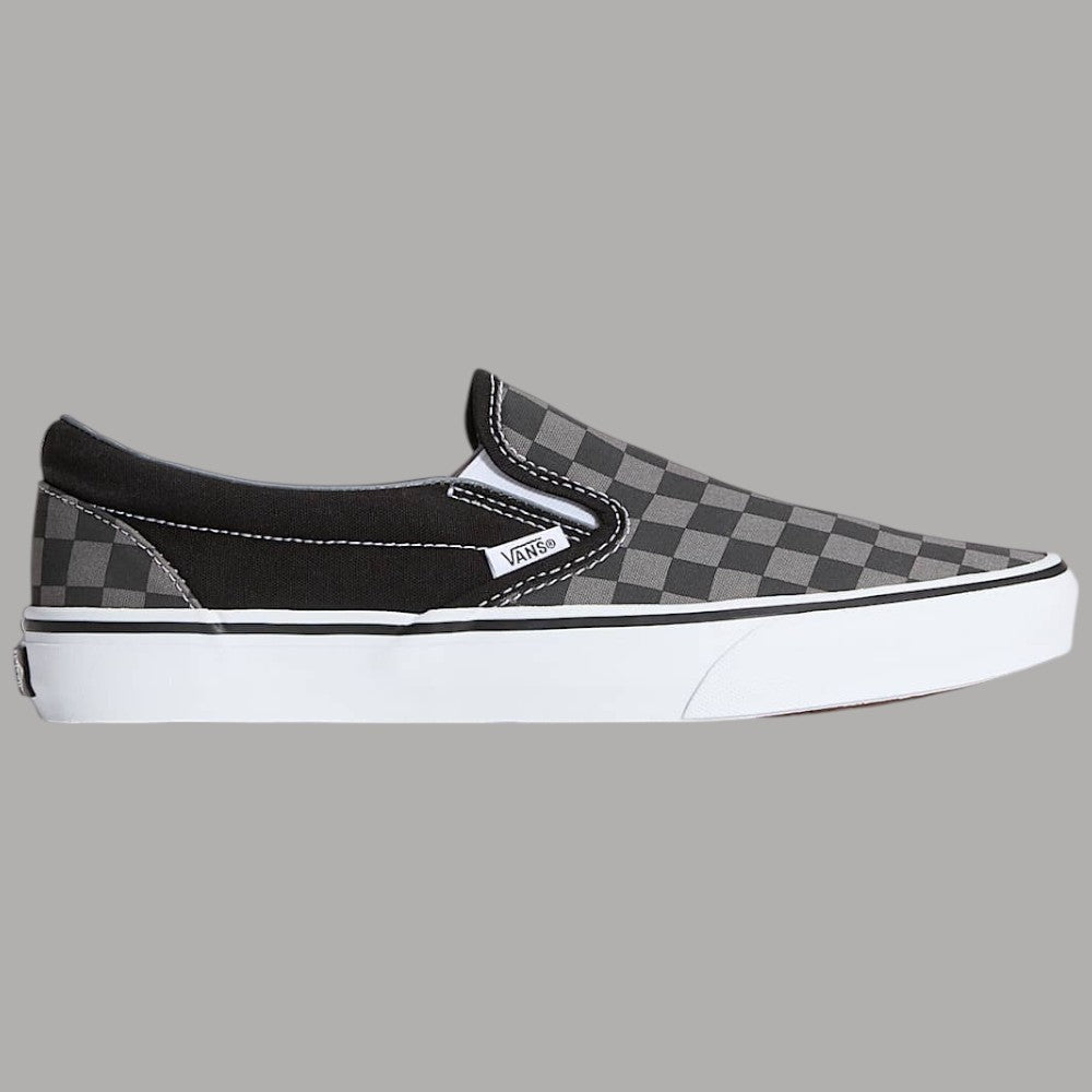 Scarpe Vans slip-on a scacchi grigio e nero, laterale con suola bianca spessa