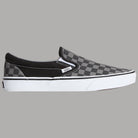 Scarpe Vans slip-on a scacchi grigio e nero, laterale con suola bianca spessa