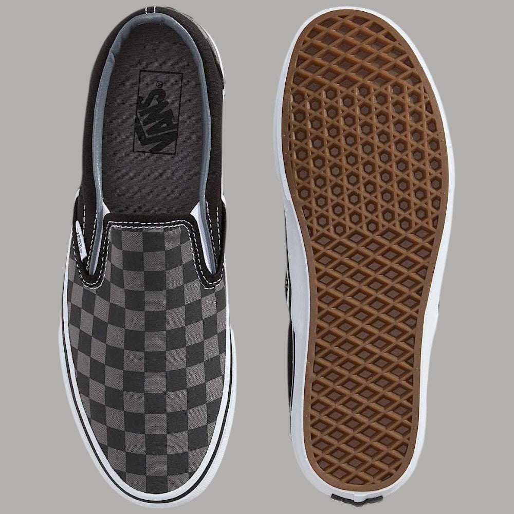 Scarpe Vans slip-on a scacchi grigio e nero, suola waffle in vista