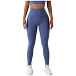 Leggings blu elasticizzati da fitness, vita alta e gamba aderente.