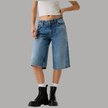 Pantaloncini denim blu Guess con gamba larga e orlo sfrangiato