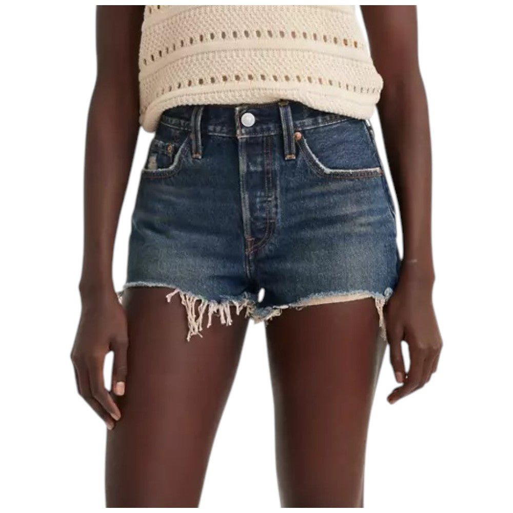 Pantaloncini in denim blu a vita alta con bottone e orlo sfrangiato