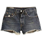 Pantaloncini in denim blu a vita alta con bottoni, tasche anteriori e orlo sfrangiato