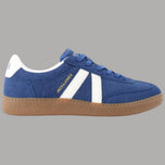 Sneakers uomo blu con lacci, strisce bianche e suola in gomma beige