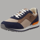 Sneakers blu e beige in pelle e mesh con lacci bianchi