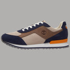 Sneakers blu e beige con fascia laterale scamosciata e logo albero
