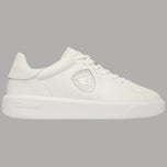 Sneaker in pelle nabuk bianca con logo BLAUER sul lato e lacci bianchi.