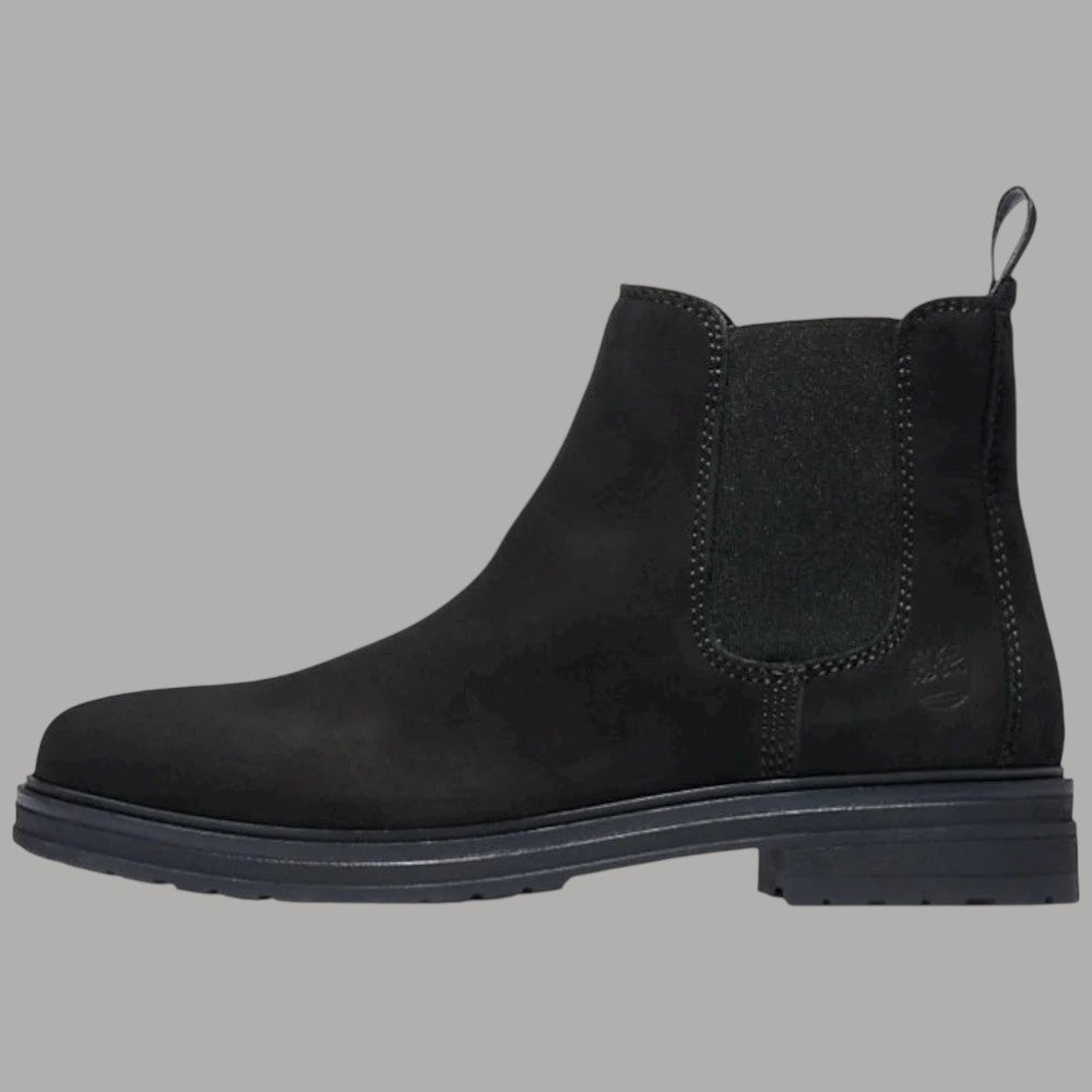 Stivaletto chelsea Timberland nero in nabuk con elastico centrale e suola bassa.