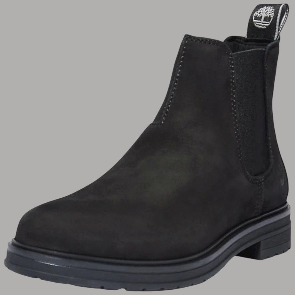 Stivaletto chelsea Timberland nero in nabuk con linguetta sul tallone e suola scura.