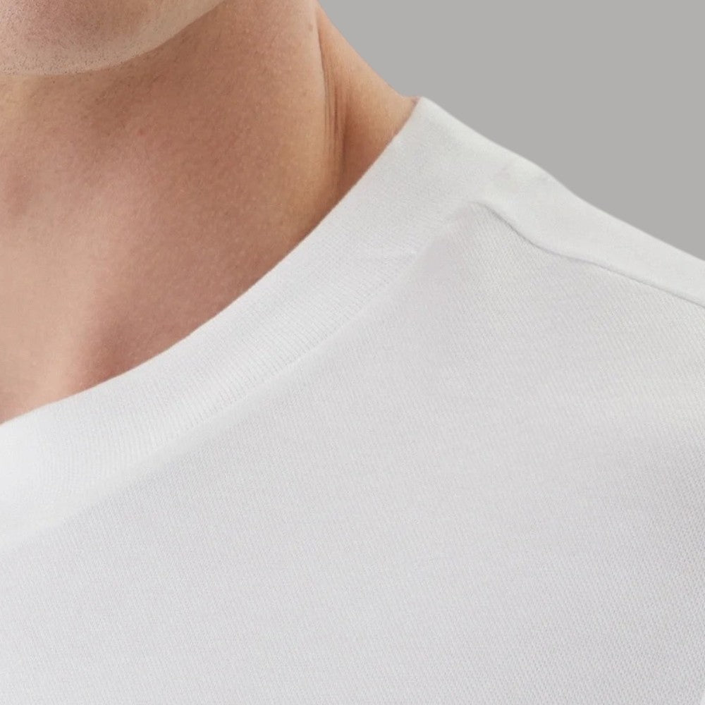 T-shirt bianca girocollo in cotone interlock, dettaglio scollo e maglia