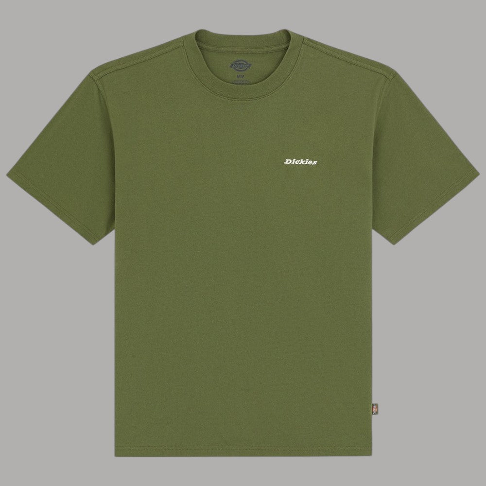 T-shirt Dickies verde oliva con scollo rotondo e logo ricamato, cotone resistente