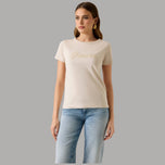 T-shirt cotone beige boxy con logo Guess ricamato 3D sul petto