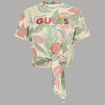 T-shirt in cotone verde chiaro con stampa foglie e logo Guess sul petto, laccetti