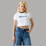 T-shirt bianca con logo Guess a paillettes turchesi e colletto scuro