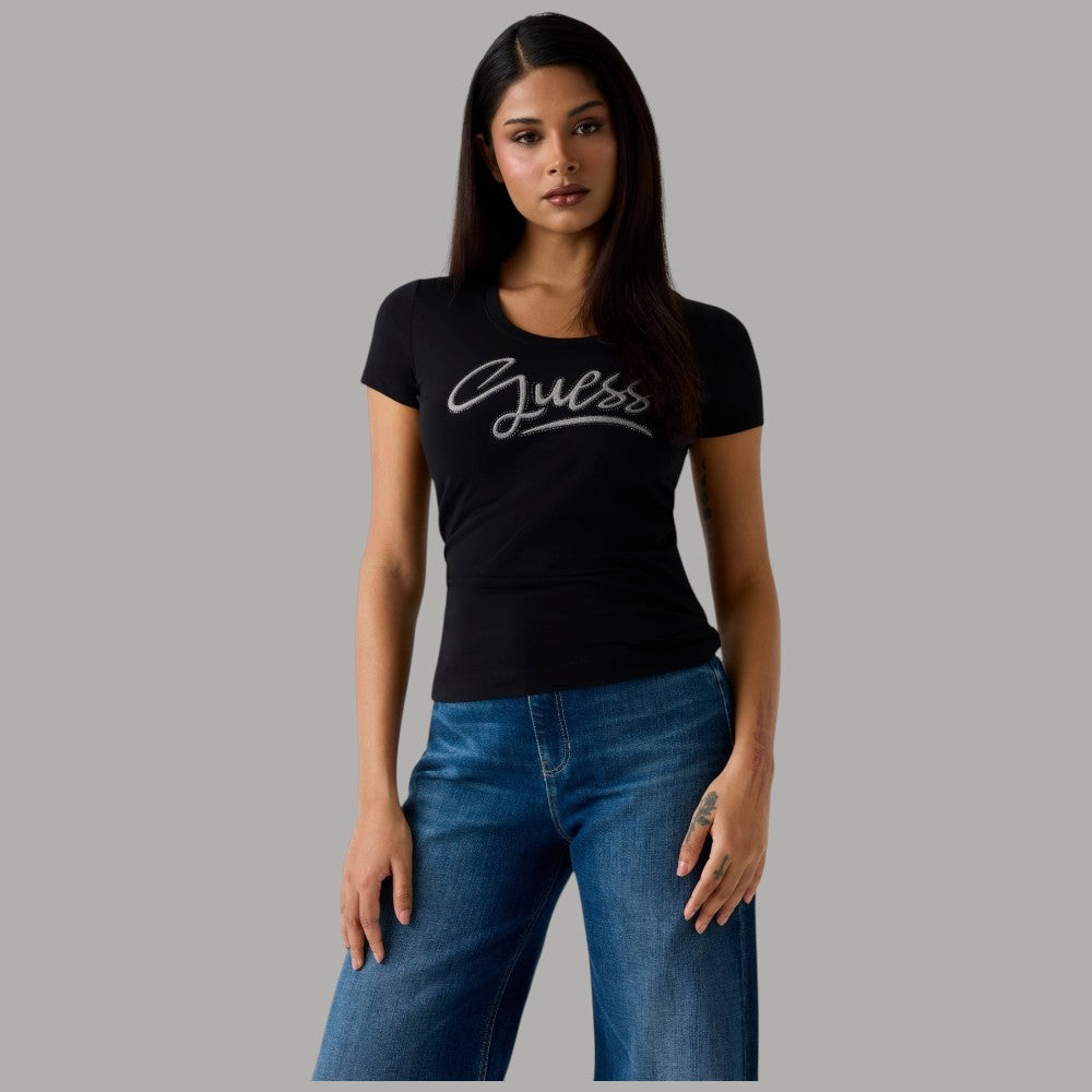 T-shirt Guess Logo Strass Cotone Slim Fit - Prodotti di Classe